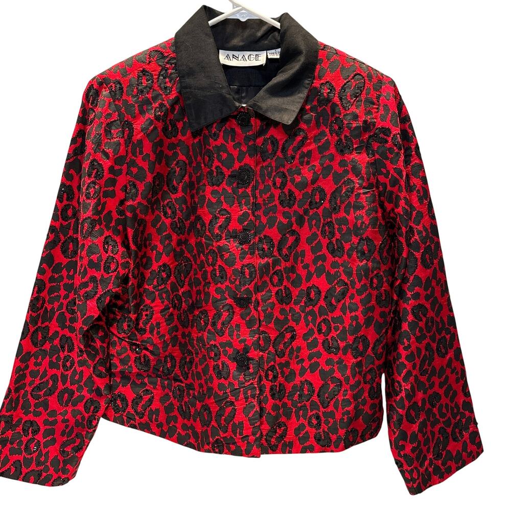 Vintage Anage Jacket Womens Large Red Black Leopard 100% Silk Beaded Button Up